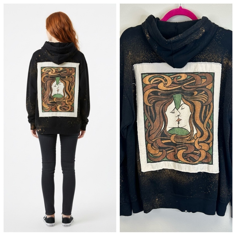 Upcycled Artistic Black Hoodie Unisex L The Kiss Goth Whimsigoth Grunge Romantic